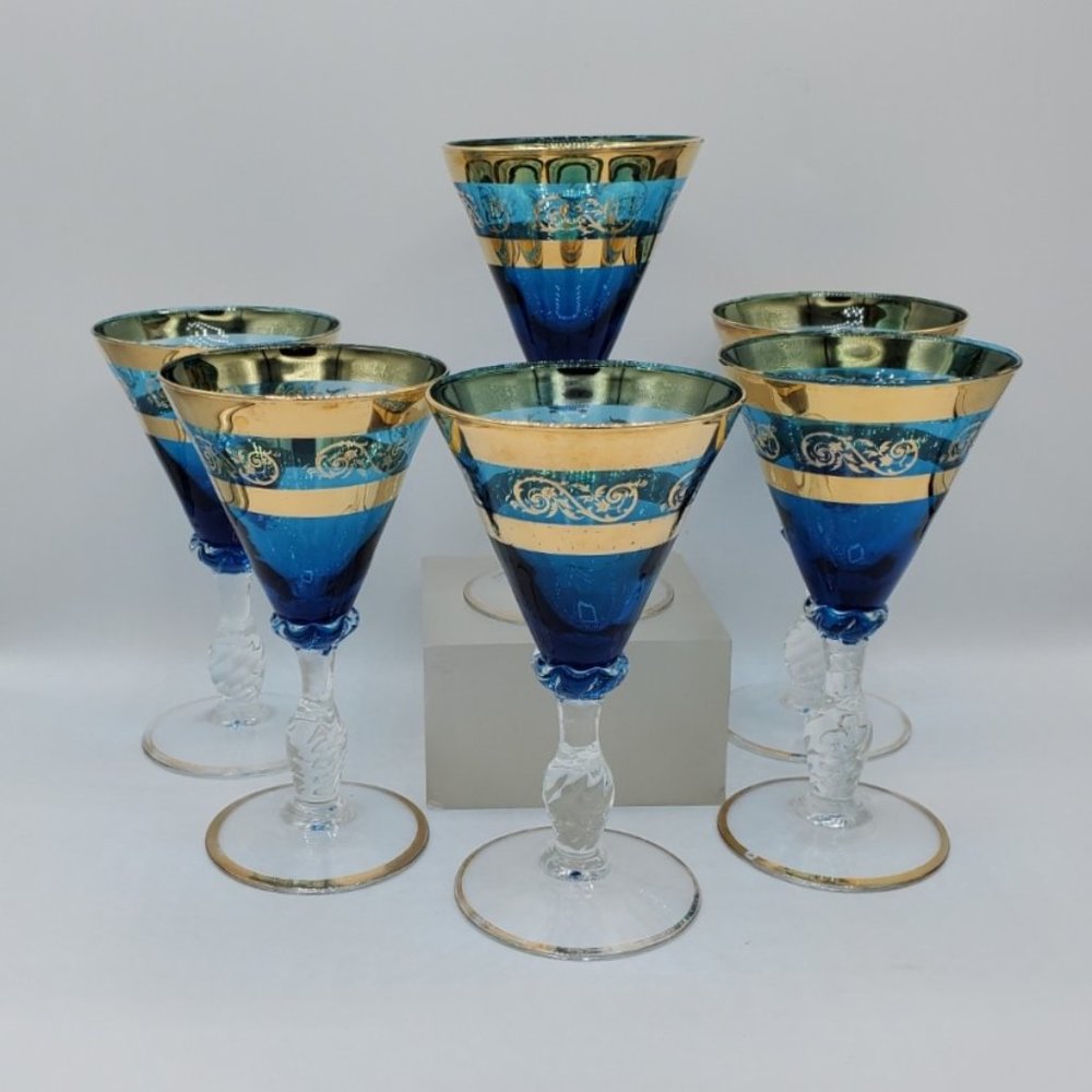 Vintage Cobalt Blue and Gold Set of 6 Blown Glass Stemware